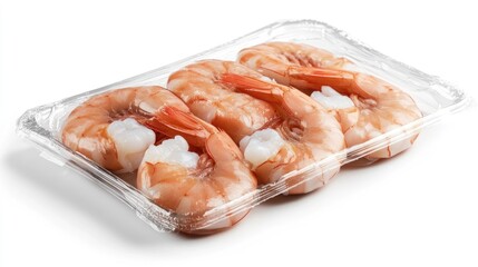 Fresh shrimp in clear, sealed packaging, displayed on a white background, highlighting the freshness and transparency of the product.