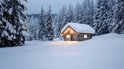 A holiday web marketing strategy set in a charming outdoor scene, with snow-covered trees, a wooden cabin, and twinkling lights, offering customers a festive yet rustic shopping experience.