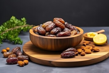 Obraz premium Ramadan Dates and Almonds in Wooden Bowls