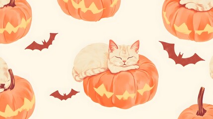 Pumpkins with zigzag patterns, cats sleeping with tiny bows around their necks, and bats outlined in glowing light, set in soft pastel orange on a cream background