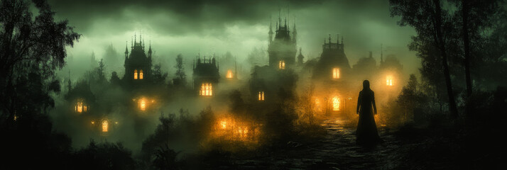 Fototapeta premium A mysterious figure walks towards a gothic castle in the fog.