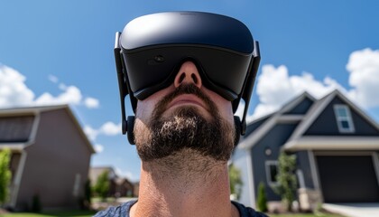 A homebuyer puts on a VR headset and explores multiple house models in one session, comparing layouts and features virtually, eliminating the need for physical visits.