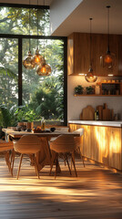 Fototapeta premium A modern dining room with warm wood tones and large windows.