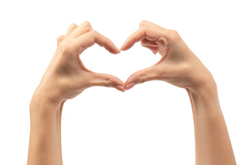 Woman hands making sign heart symbol by fingers, isolated on a white background.