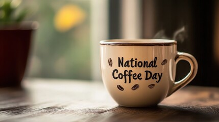National Coffee Day Banner. cup of coffee with a festive inscription.