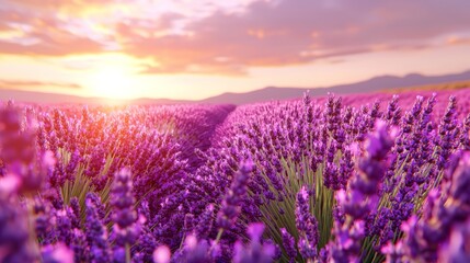 A peaceful countryside scene with lavender fields undulating in the breeze under a golden sunset.