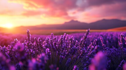 Fototapeta premium A peaceful countryside scene with lavender fields undulating in the breeze under a golden sunset.