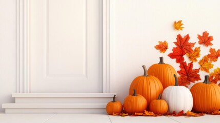 Decorative pumpkins and autumn leaves at a white door entrance.