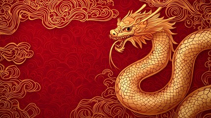 Fototapeta premium A gold snake is on a red background. The snake is curled up and he is resting