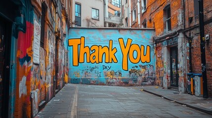 The vibrant Thank You mural brings warmth to a city alley filled with colorful street art