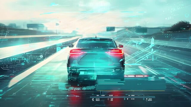 A modern car drives on a futuristic highway with digital effects and data streams creating a sense of speed and technology