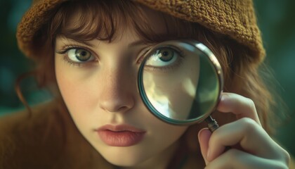 Inquisitive Young Woman Examining Objects With A Magnifying Glass To Discover New Details, Curiosities, And Hidden Secrets.