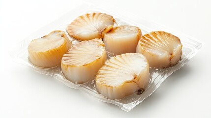 Sealed package of scallops, presented on a clean white background, showcasing the seafood high-quality and freshness for gourmet meals.