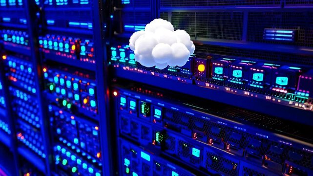Colorful server room filled with network equipment and a digital cloud icon representing cloud computing technology