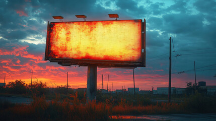 A large billboard stands against a vibrant sunset,  its blank surface illuminated by the fading light.