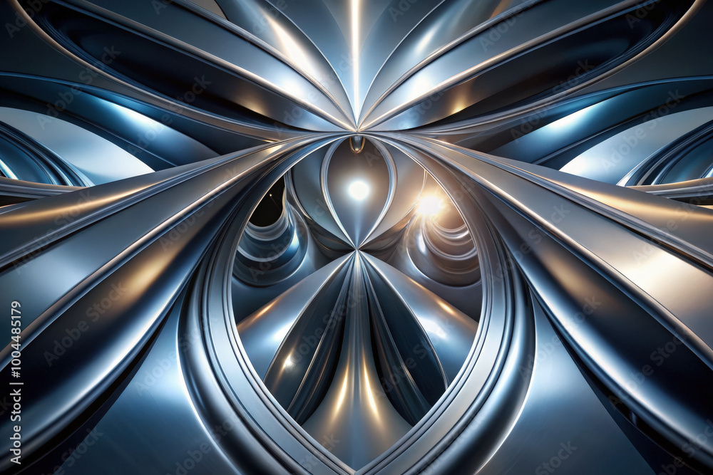 Poster mesmerizing metallic abstraction featuring dynamic curves and luminous centers in a surreal three-di