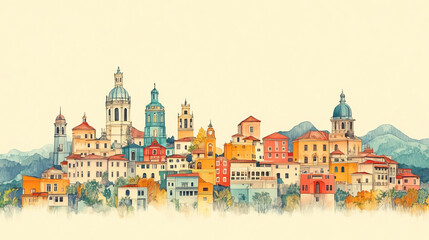 Fototapeta premium Loja, Ecuador, color pen pencil hand-drawn effect drawing illustration for travel poster, card, wallpaper, backdrop or banner. Modern, clear, artistic and simple