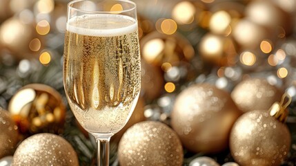 A festive holiday scene featuring a tall glass of sparkling champagne surrounded by golden and silver Christmas ornaments, evoking celebration and joy