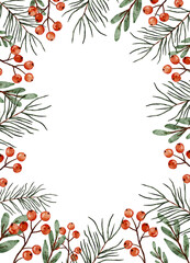 Christmas watercolor frame of winter foliage and berries, perfect for holiday greetings and seasonal design