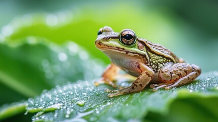 Obraz premium Small frog on a dewy leaf, surrounded by the greenery of nature, a serene wildlife shot with room for copy.