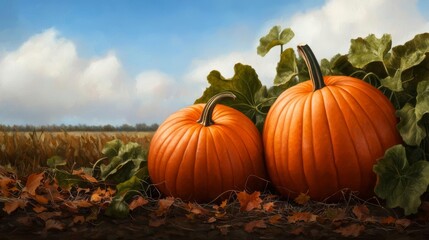 Two vibrant pumpkins nestled among green leaves in a harvest field.
