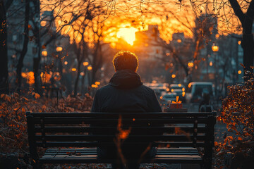 Fototapeta premium A man sitting on a park bench at dusk, holding a small gift, looking dejected as no one arrives. Concept of dashed hopes.