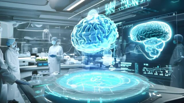 A high-tech medical laboratory displays a holographic brain model while researchers observe data and analyze information to enhance understanding of brain functions