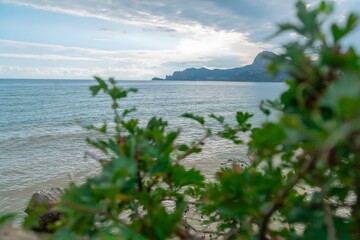 seascape with rocks, dark clouds and dirty water