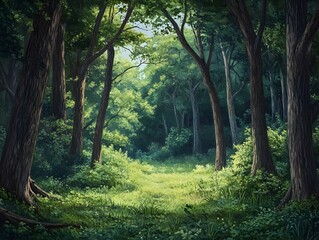 Obraz premium Serene forest glade with a peaceful pastoral setting dense verdant undergrowth and towering trees soft natural lighting illuminating the picturesque rustic landscape oil painting style