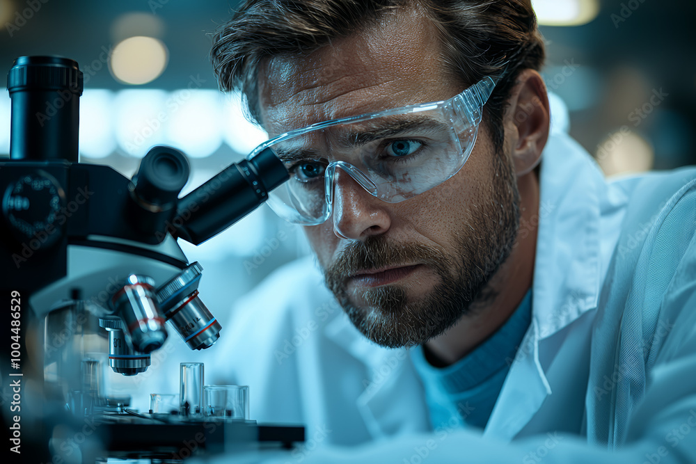 Canvas Prints A laboratory technician looking through a microscope, searching for a cure to a disease. Concept of medical research and innovation.