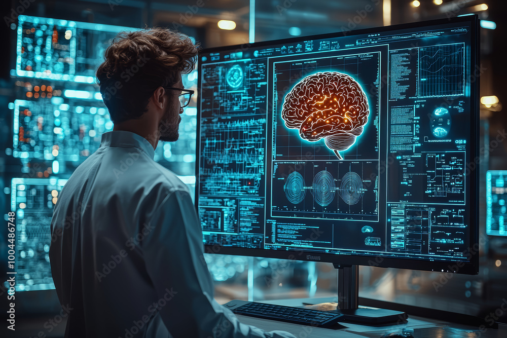 Aufkleber a human figure standing in front of a computer screen displaying their own brain activity in real-ti