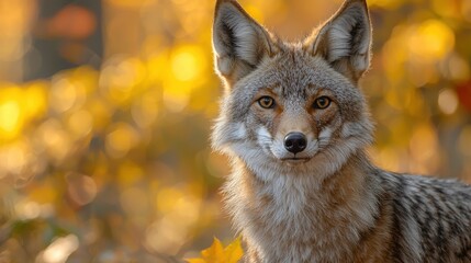 Fototapeta premium A coyote stands majestically amidst vibrant autumn foliage, capturing the beauty of nature in a serene landscape