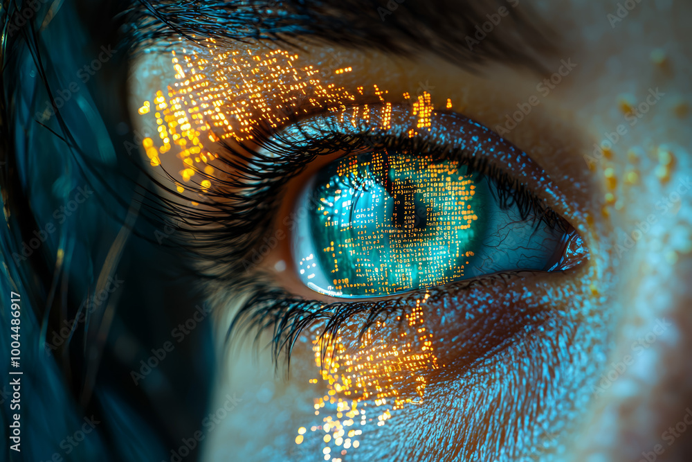 Poster a human eye that reflects computer code, symbolizing the connection between visual perception and da