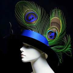 A hat with peacock feathers on a mannequin.