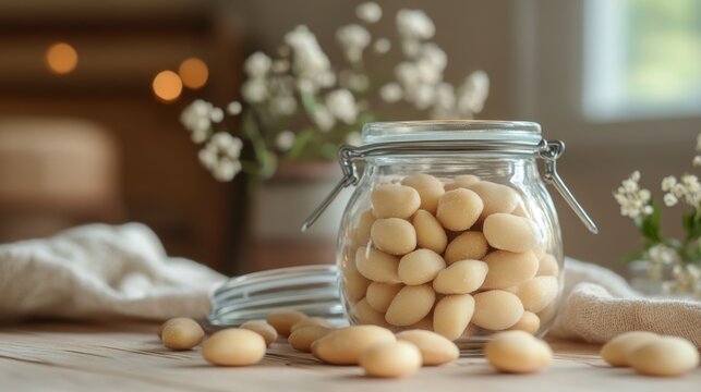 A glass jar filled with sweet almond candies.