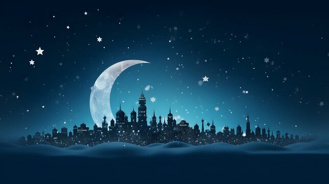 Crescent Moon Snowflakes Cityscape Ramadan Kareem - Powered by Adobe