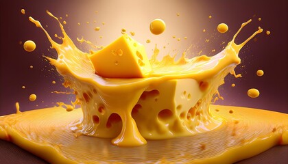 A vibrant splash of molten cheese creating a captivating scene with a cube of cheese in mid-splat. Generative AI