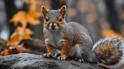 A curious squirrel perched on a rock amidst autumn foliage in a tranquil forest setting during late afternoon sunlight