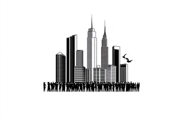 Abstract urban crowd and skyscrapers, using minimal lines to depict the energy and density of city life