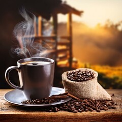 grãos de café numa mesa com uma xícara de café saindo fumaça em local bucólico, imagem close up