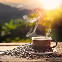 grãos de café numa mesa com uma xícara de café saindo fumaça em local bucólico, imagem close up