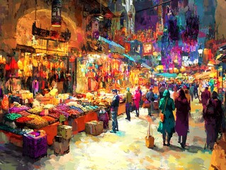 Obraz premium Bustling and energetic city marketplace scene filled with a diverse array of colorful stalls lively crowds and a vibrant