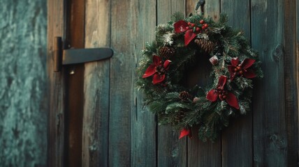 A Rustic Christmas Wreath Hanging on a Wooden Door