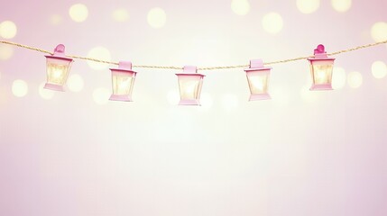 Pink lanterns strung on twine with soft bokeh background