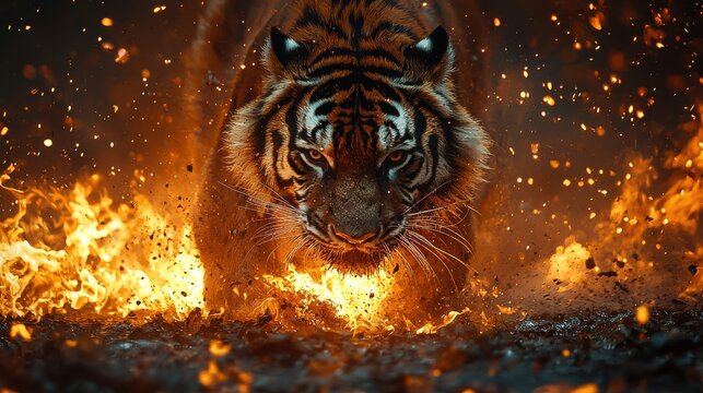 A fierce tiger emerges from blazing flames in a dramatic display of power and strength in a fiery environment