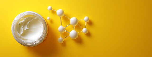 A Vitamin B5 molecule floating beside a cream jar, with space on the left for text promoting skin repair and softness in the sales promotion.