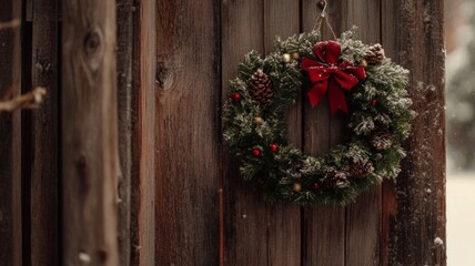 Fototapeta premium Christmas Wreath on a Rustic Wooden Door