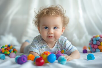 Obraz premium Curious baby playing with colorful toys. A playful and joyful image perfect for promoting baby products, parenting blogs, and children's educational materials.