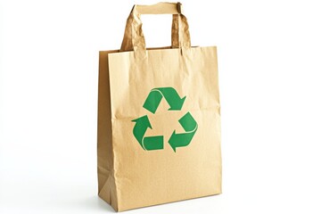 A brown paper bag standing upright with a large green recycle logo printed in the center, clean and minimalistic design on a white background