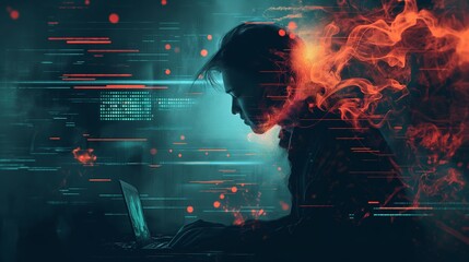 Obraz premium Cybersecurity Specialist Engulfed in Digital Flames Monitoring Cyber Threats on Laptop